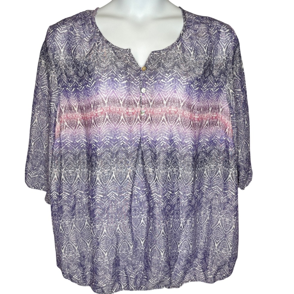 CATHERINES Purple Geometric Ikat Bubble Hem Blouse 1X Casual-Chic Flowy Airy